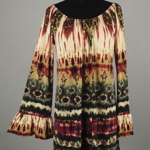 Western Boho Tunic Top Stretch 3/4 Bell Sleeve Med